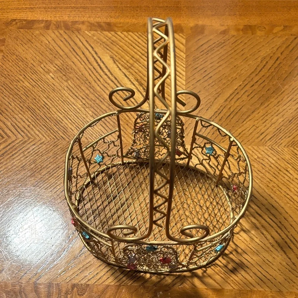 Gold Wire Basket with Multicolor Accents Holiday Decor